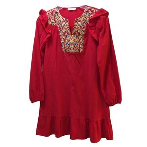 Kirundo women S Small red dress V Neck Floral Embroidered Ruffle long Sleeve